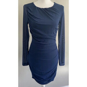 NWT Hello Molly Dress Ruched Sides Long Sleeve Sheer Back Navy Blue Large L New